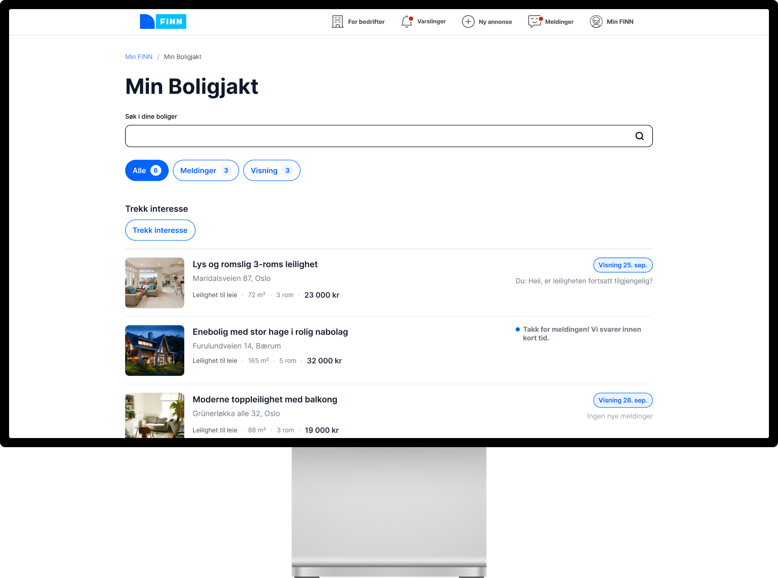 Min Boligjakt on FINN: an overview of properties, messages and viewings.